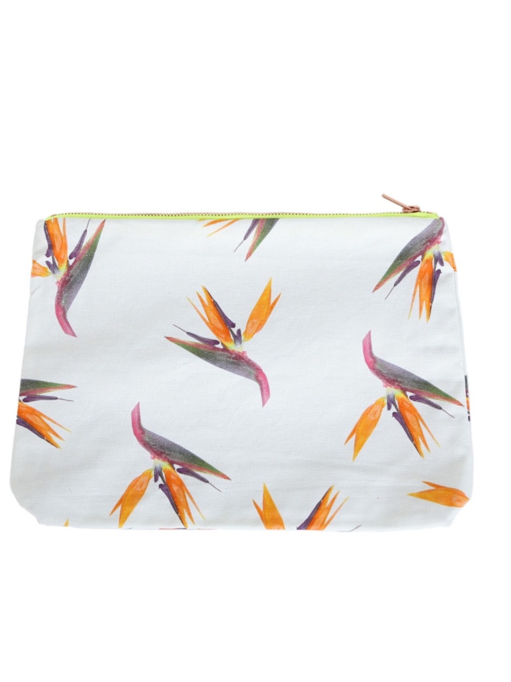 Samudra White Birds of Paradise Pouch with Orange and Green Print